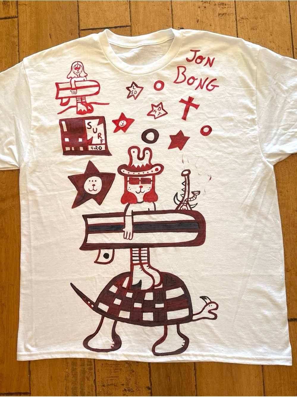 Ron Jon White Tee with Red Surf & Turtle Graphic
